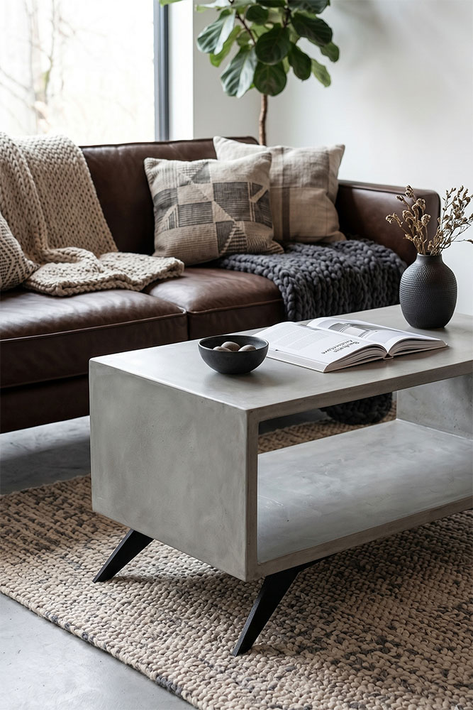 Industrial Look Wohnzimmer, Betonmöbel kombinieren, Couchtisch Beton Industrial, Wohnzimmer mit Beton